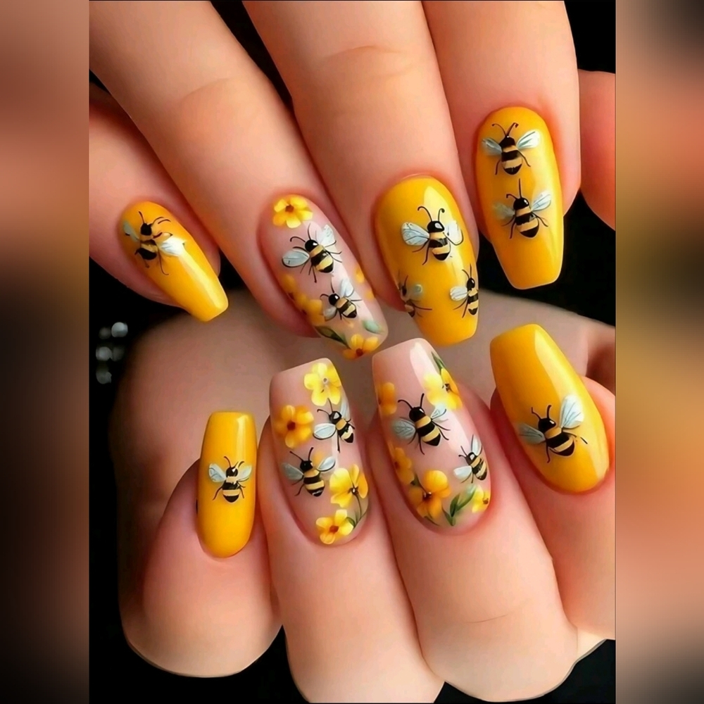 24pcs Yellow Bee & Floral Press-On Nails | Long Oval Ballet Shape | Yellow/Black